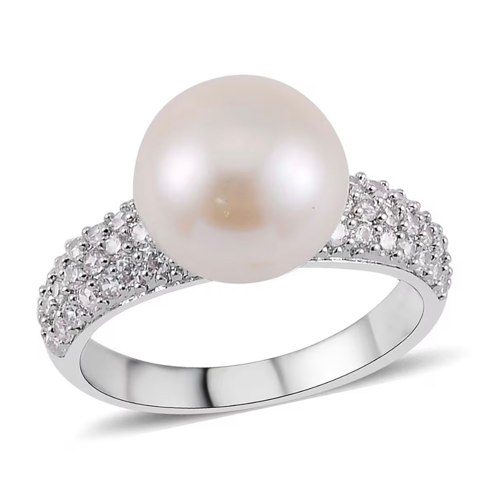 Genuine FW Pearl & Swarovski Crystals Rhodium plated Ring Size 6. NEW
